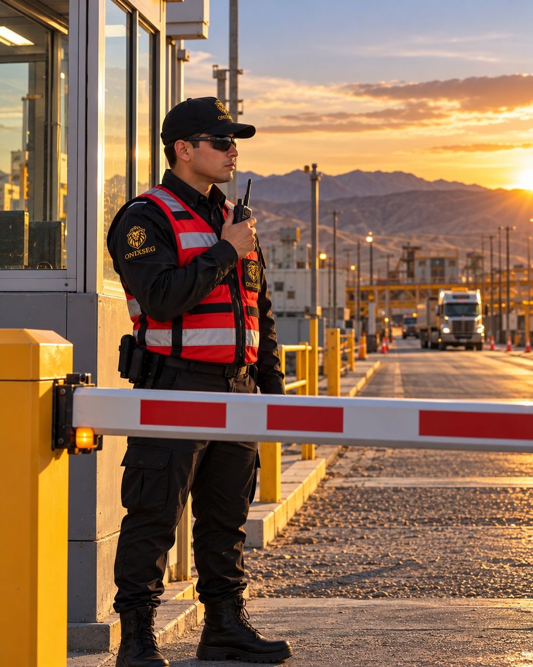 Guardia uniformado en acceso de instalación industrial